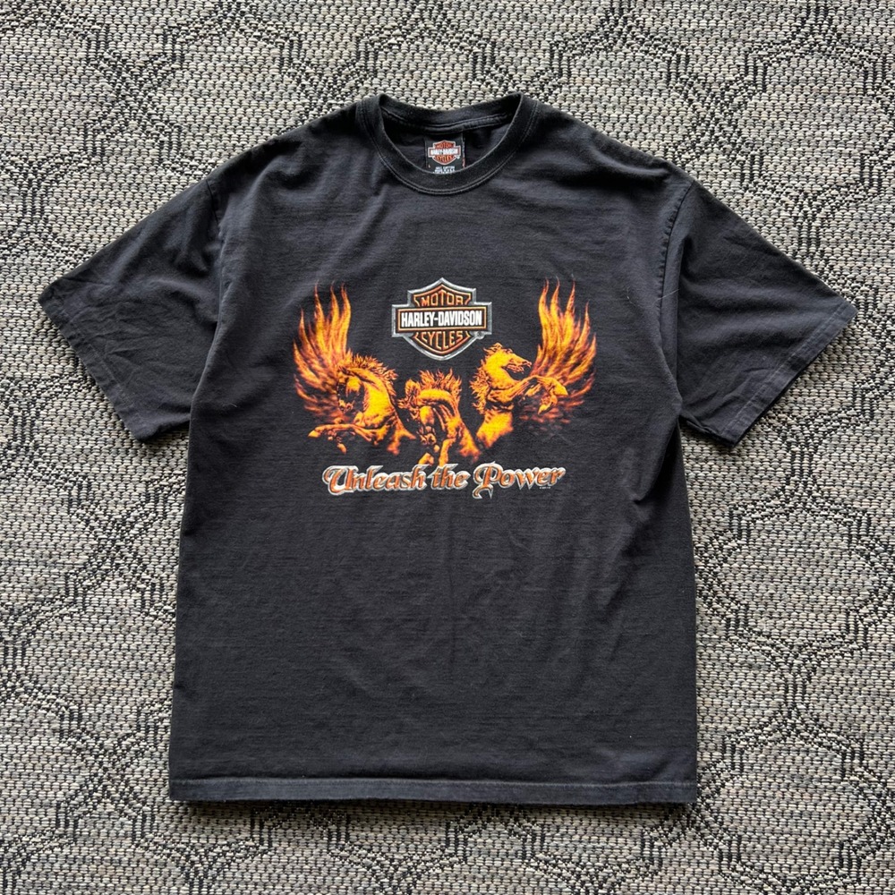 Y2K Harley-Davidson T-Shirt Men Large Black Unleash The Power Biker Grunge Horse